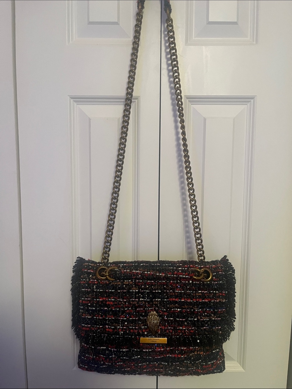 Kurt Geiger Kensington Tweed Shoulder Bag with Gold Chain - Black & Red Like New - Picture 3 of 10